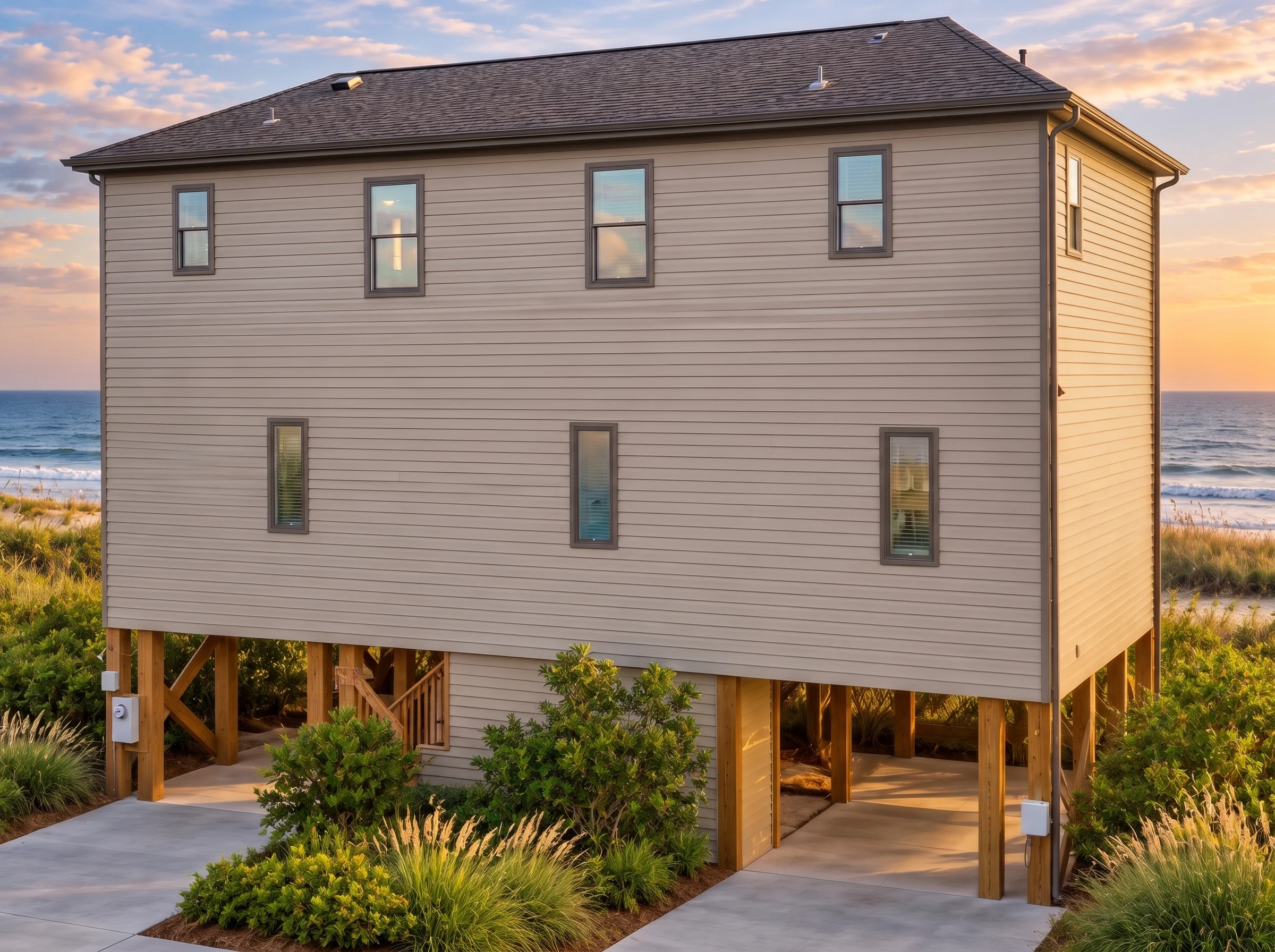 Plan  11-1310 – Florida River |  Coastal – 4-Bed, 4-Bath, 2,116 SF - Mushroom Taupe, AI-generated exterior concept