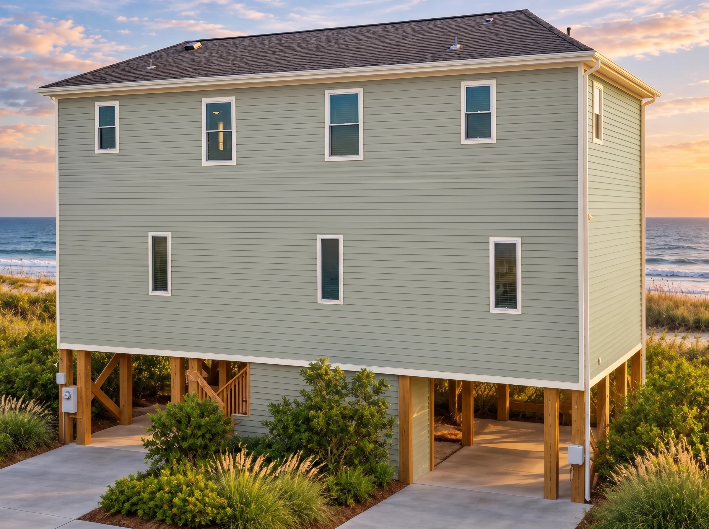Plan  11-1310 – Florida River |  Coastal – 4-Bed, 4-Bath, 2,116 SF - Muted Sage, AI-generated exterior concept