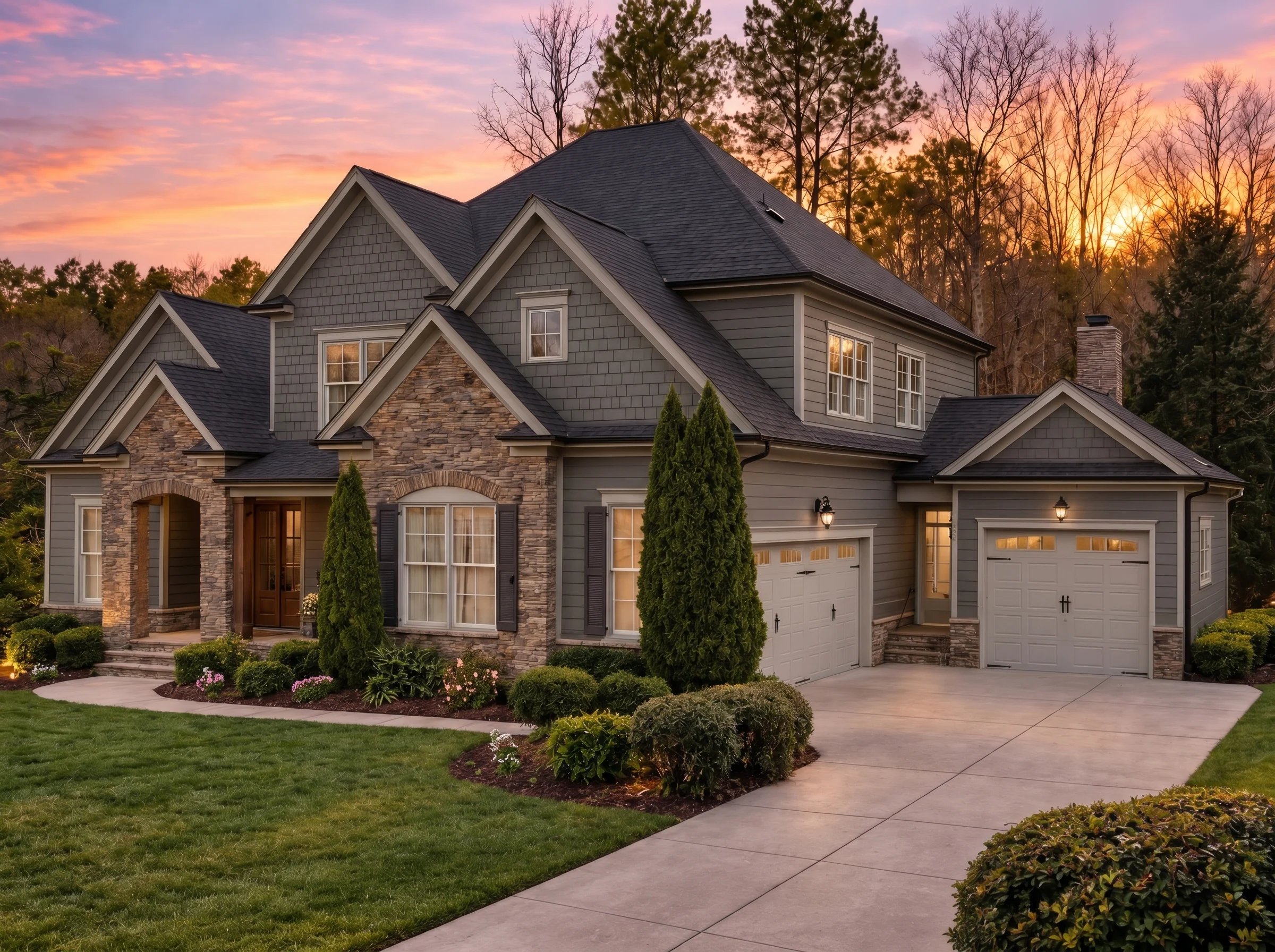 Plan  11-1242 – Aster River Cottage  | New American – 5-Bed, 4.5-Bath, 5,046 SF - Warm Charcoal, AI-generated exterior concept
