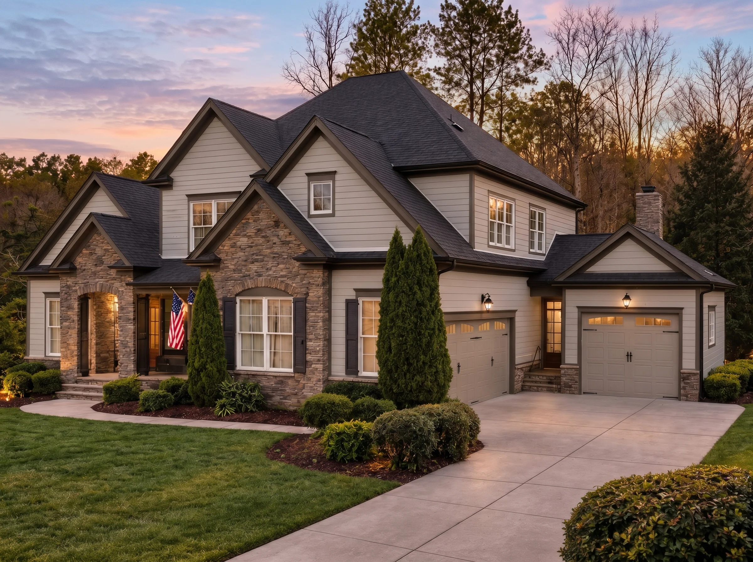 Plan  11-1242 – Aster River Cottage  | New American – 5-Bed, 4.5-Bath, 5,046 SF - Mushroom Taupe, AI-generated exterior concept