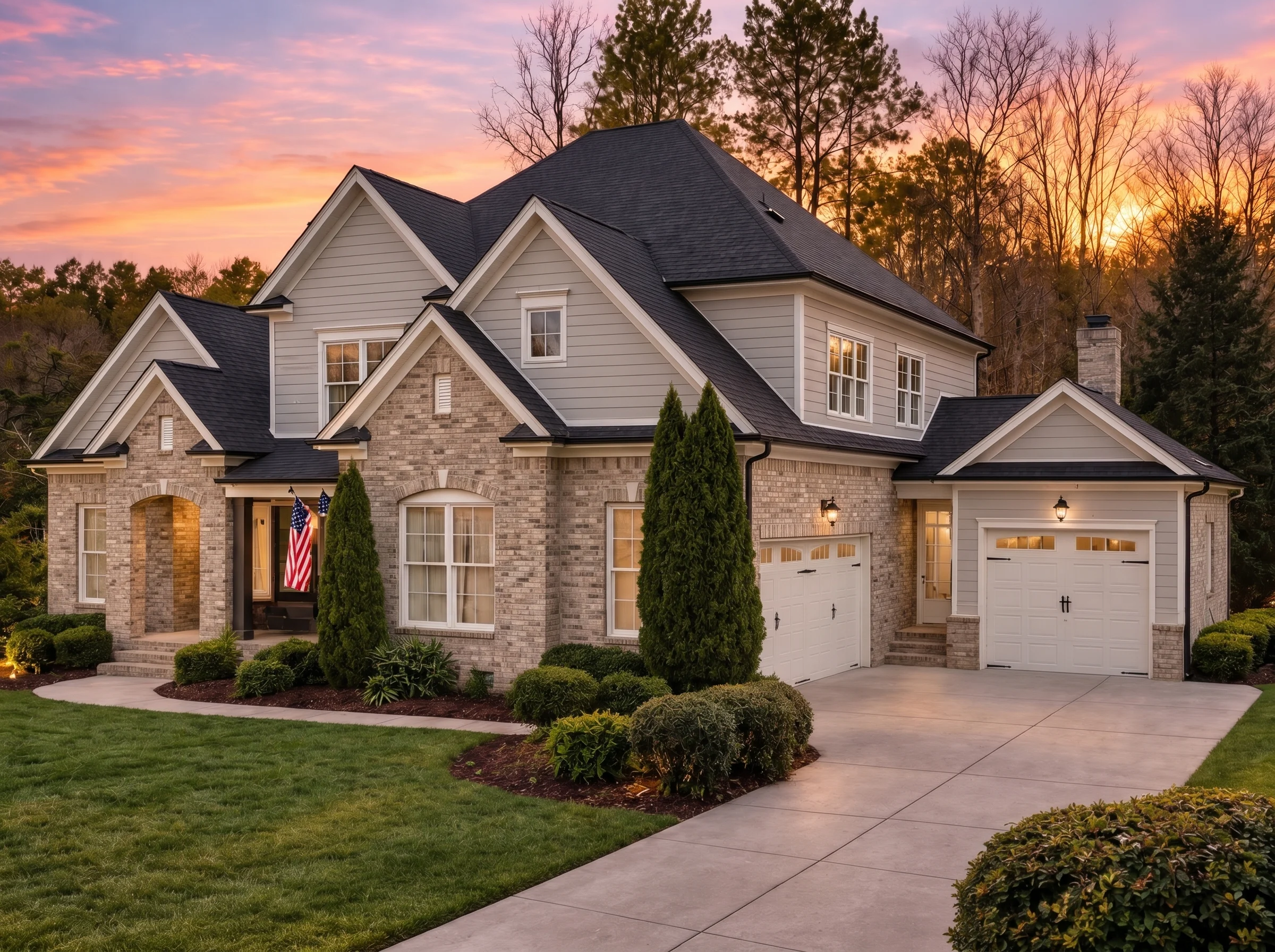 Plan  11-1242 – Aster River Cottage  | New American – 5-Bed, 4.5-Bath, 5,046 SF - Natural Brick, AI-generated exterior concept