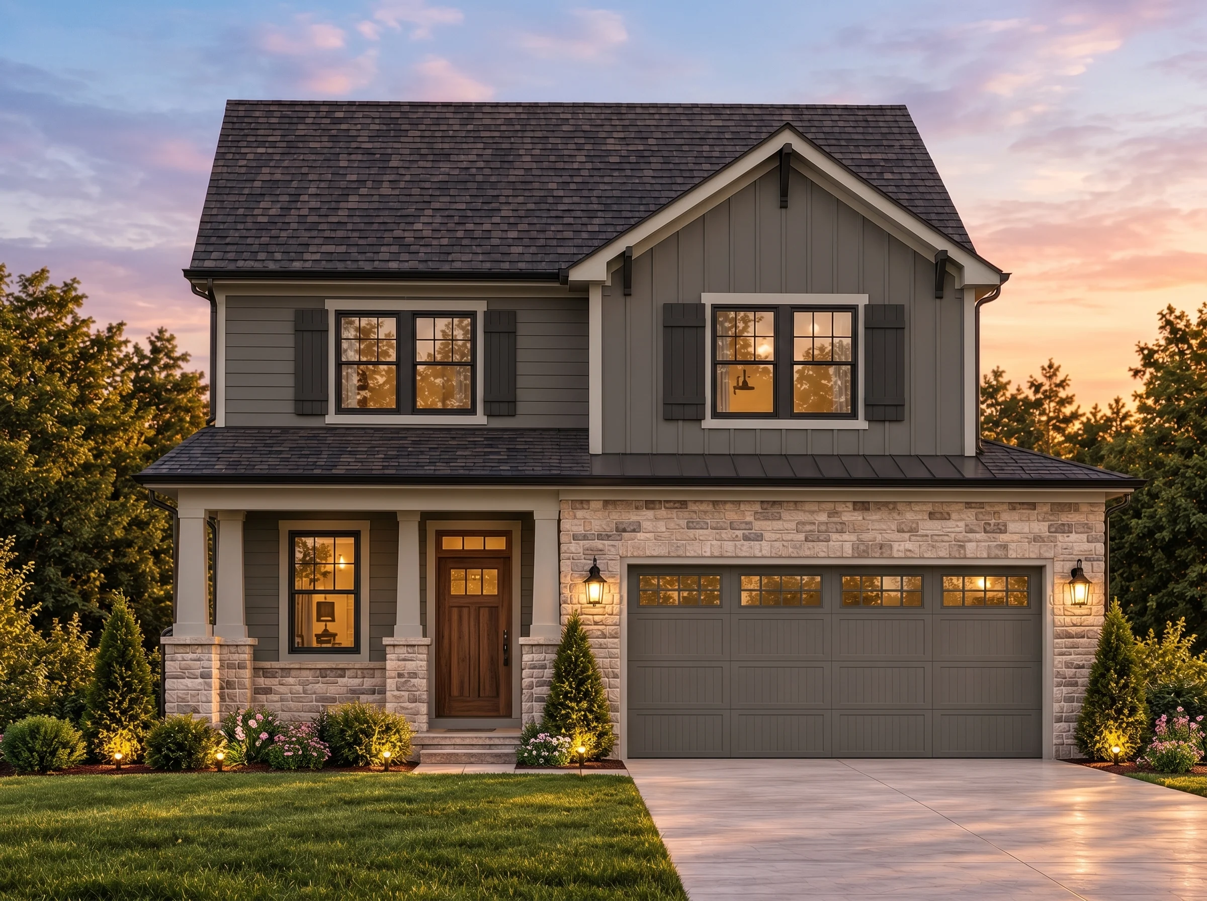 Plan  11-1554 – Peony Place | New  American – 3-Bed, 2-Bath, 1,719 SF - Warm Charcoal, AI-generated exterior concept