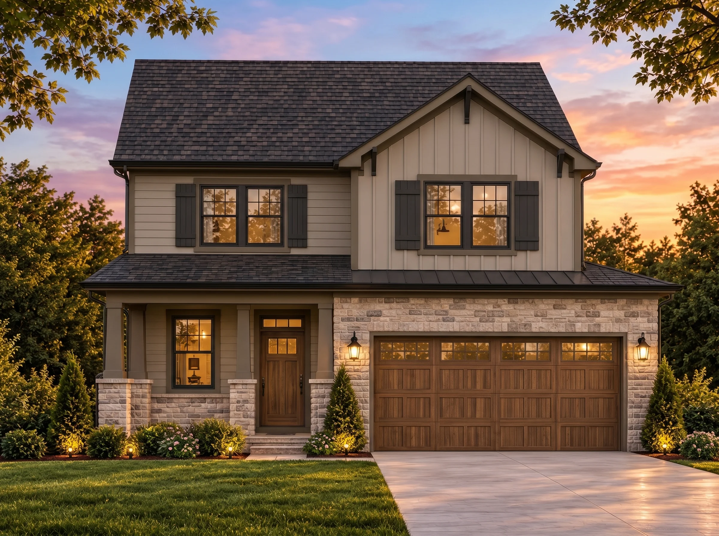 Plan  11-1554 – Peony Place | New  American – 3-Bed, 2-Bath, 1,719 SF - Mushroom Taupe, AI-generated exterior concept