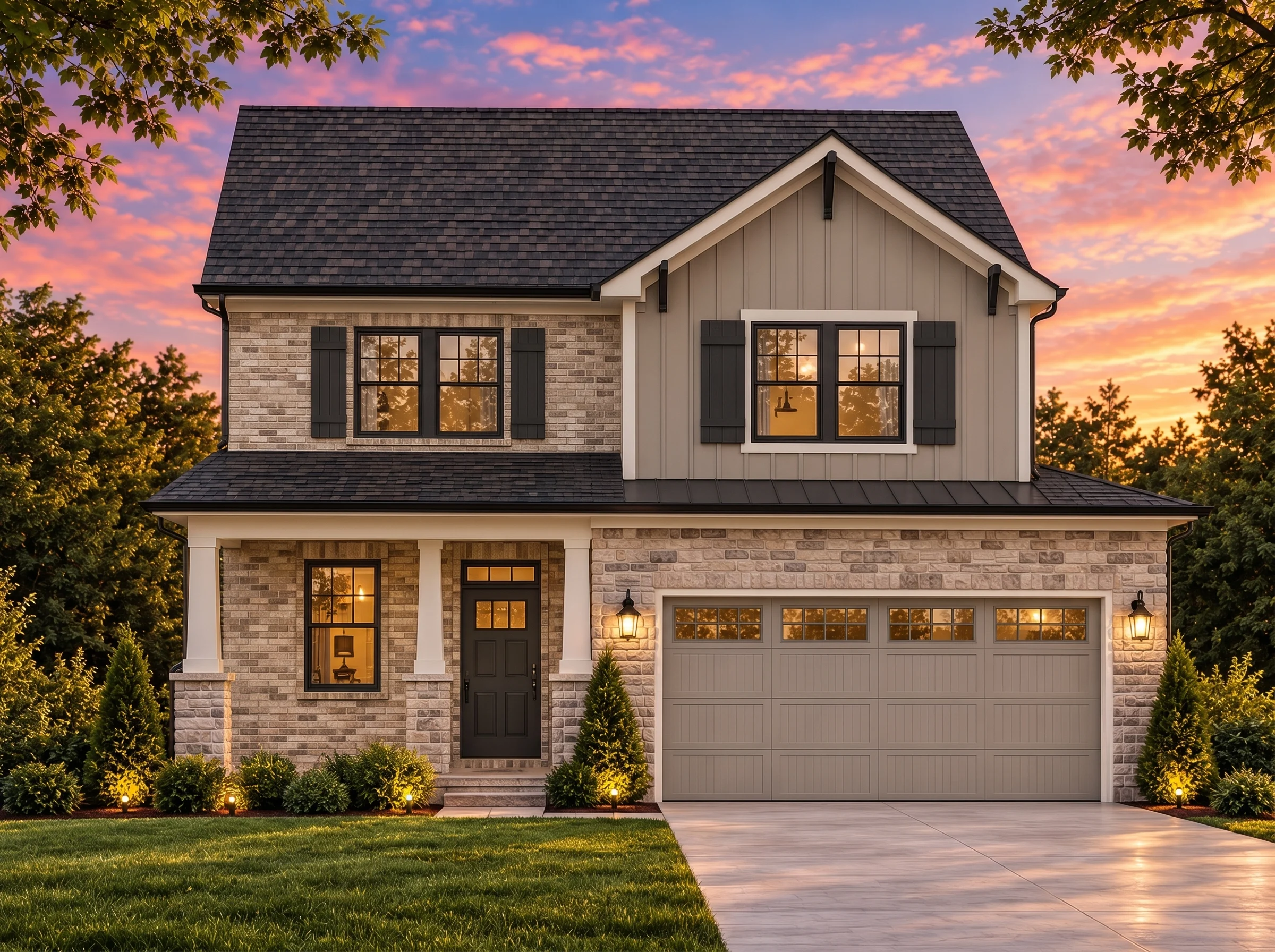 Plan  11-1554 – Peony Place | New  American – 3-Bed, 2-Bath, 1,719 SF - Natural Brick, AI-generated exterior concept