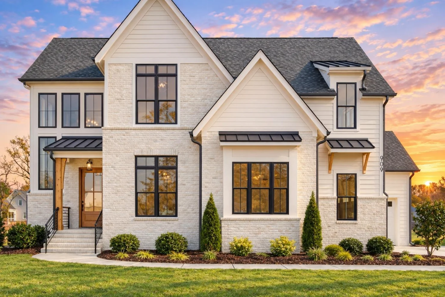 23-1335 HOUSE PLAN – Modern Farmhouse Home Plan – 5-Bed, 4.5-Bath, 3,278 SF - Warm Natural, AI-generated exterior concept